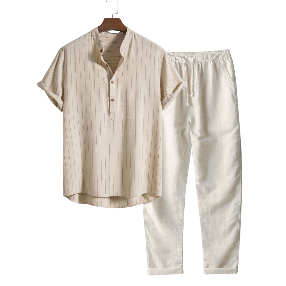 Men's Summer Set | Short-sleeved Shirt & Trousers | Classic & Casual with Stand-up Collar