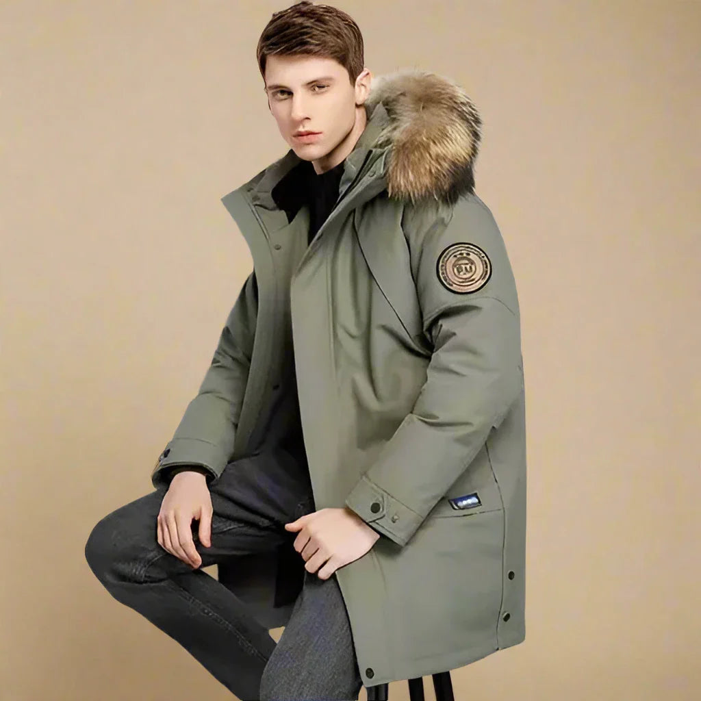 Elegant and Casual Long Waterproof Winter Coat for Men with Fur Collar | Nathan