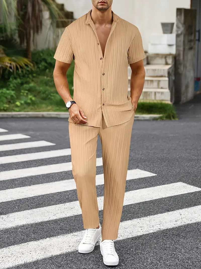 Men's Set | Modern & Stylish | Textured Wavy Stripes | Short Sleeves & Long Pants