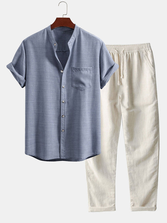 Men's Set | Short-Sleeve Shirt & Straight Trousers | Breathable & Casual | Lightweight