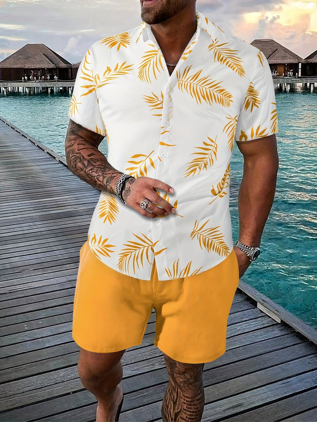 Men's Summer Set | Shirt with Leaf Print & Short | Unique Design | Two-piece
