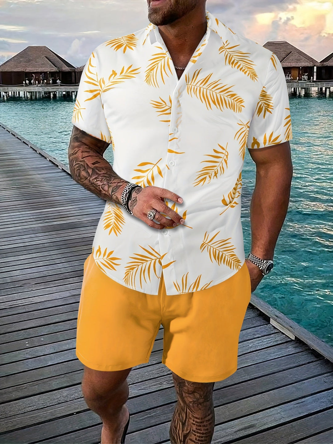 Men's Summer Set | Shirt with Leaf Print & Short | Unique Design | Two-piece