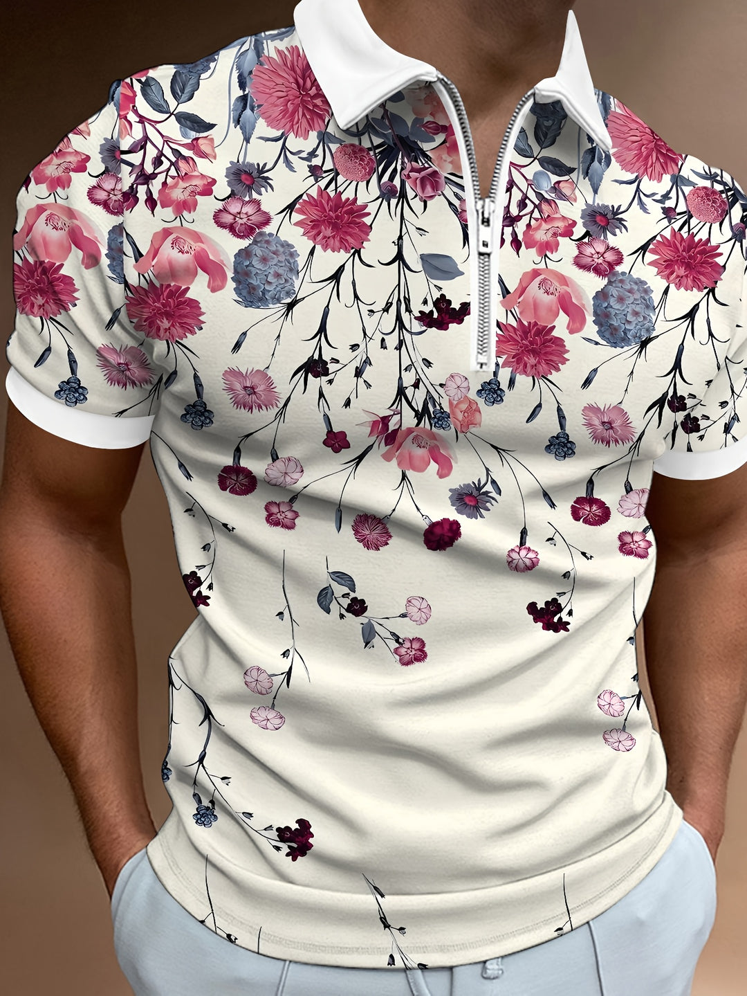 Men's shirt | Floral print & Casual | Breathable & Summery | White with Pink & Purple