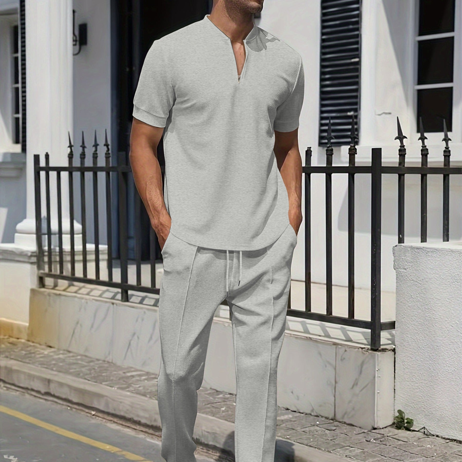 Men's Set | Casual Two-Piece Set | Grey V-neck T-shirt & Pants with Pocket