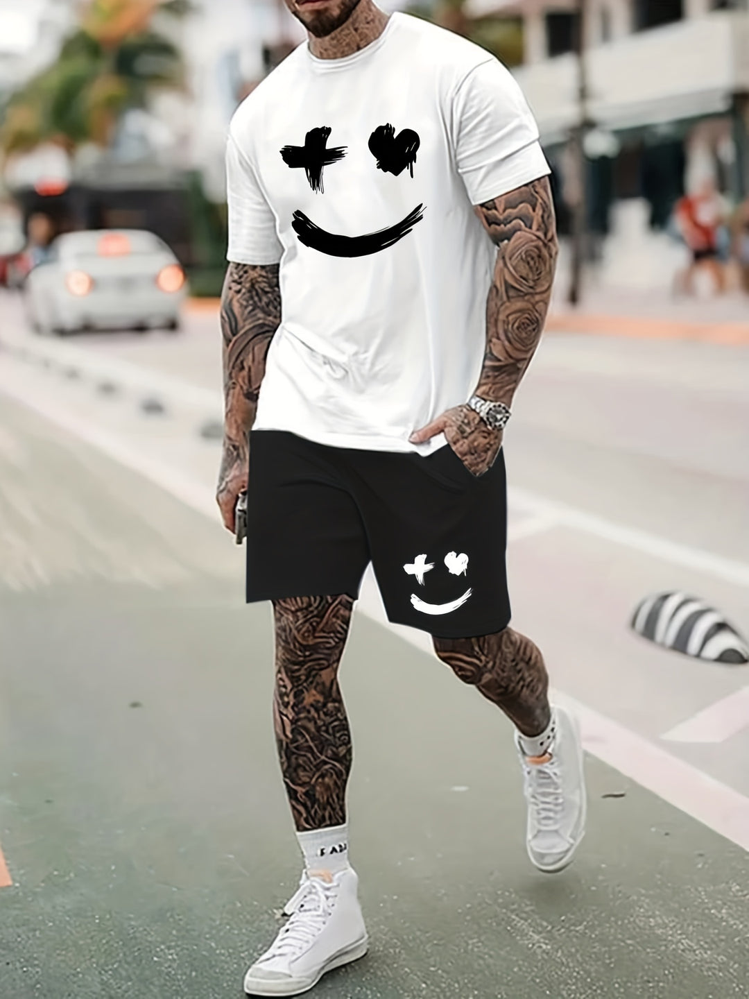 Men's Summer Set | Big Smile Print | T-shirt & Drawstring Shorts | Casual & Trendy