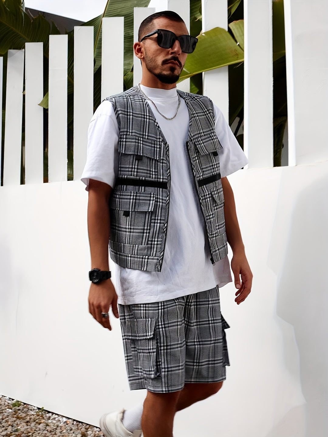 Men's Set | Casual Checkered Vest & Shorts | Breathable Polyester | Summer Fashion with Pockets