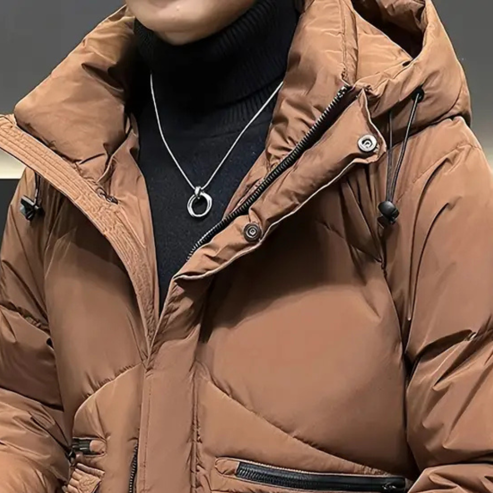 Insulated hooded puffer jacket for men offers warmth and luxurious style | Jamie