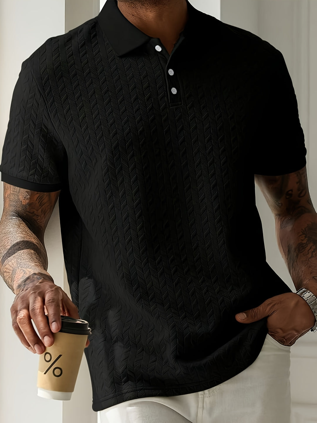 Stylish men's short-sleeved Henley Shirt with button detail and unique texture | Niels