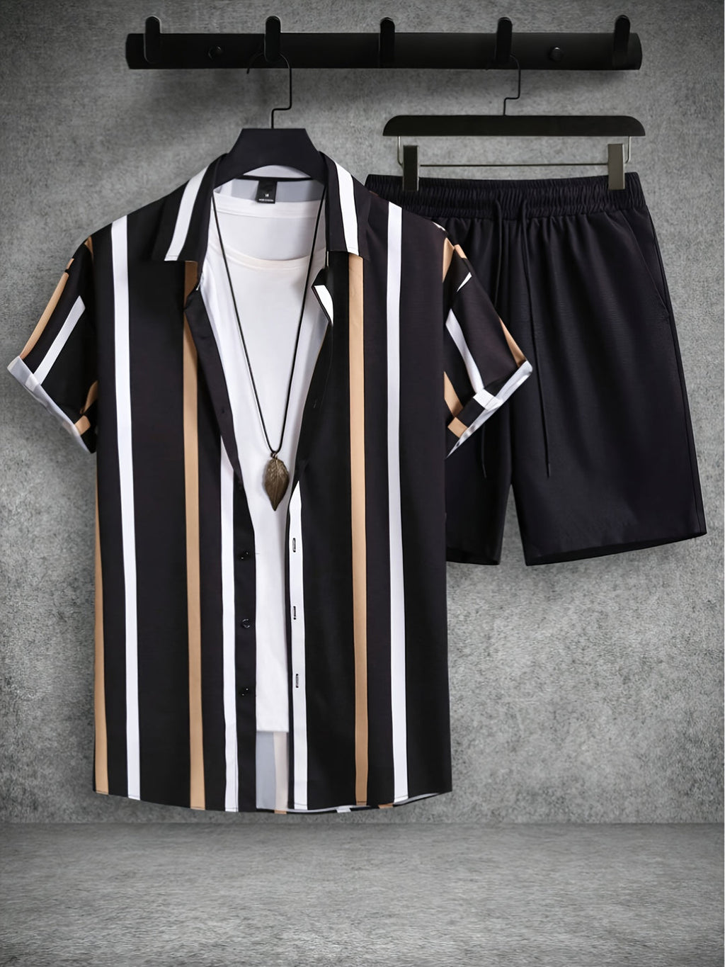 Men's Summer Set | Striped Print | Short-Sleeve Shirt & Short | 2-Piece Polyester
