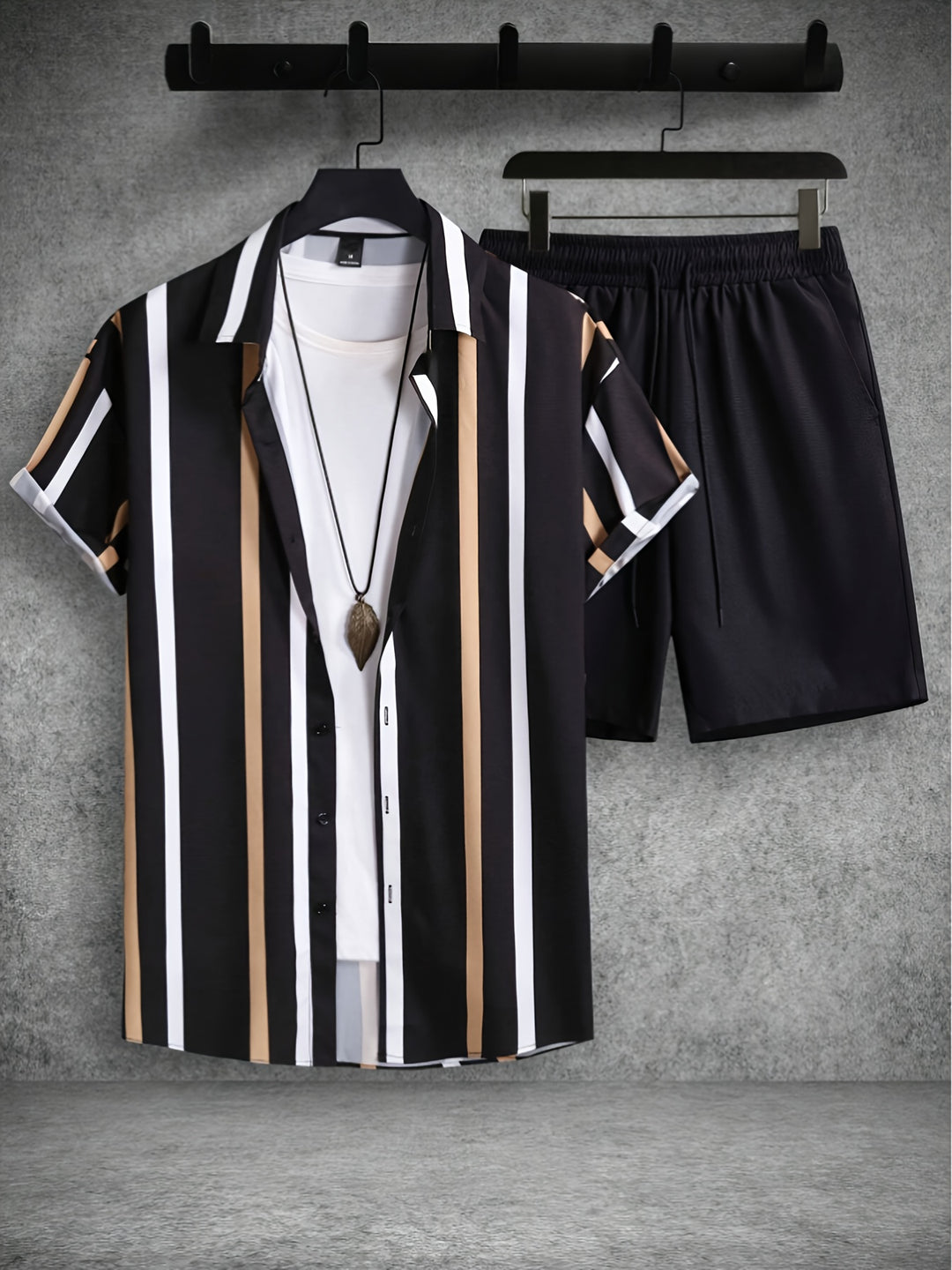 Men's Summer Set | Striped Print | Short-Sleeve Shirt & Short | 2-Piece Polyester