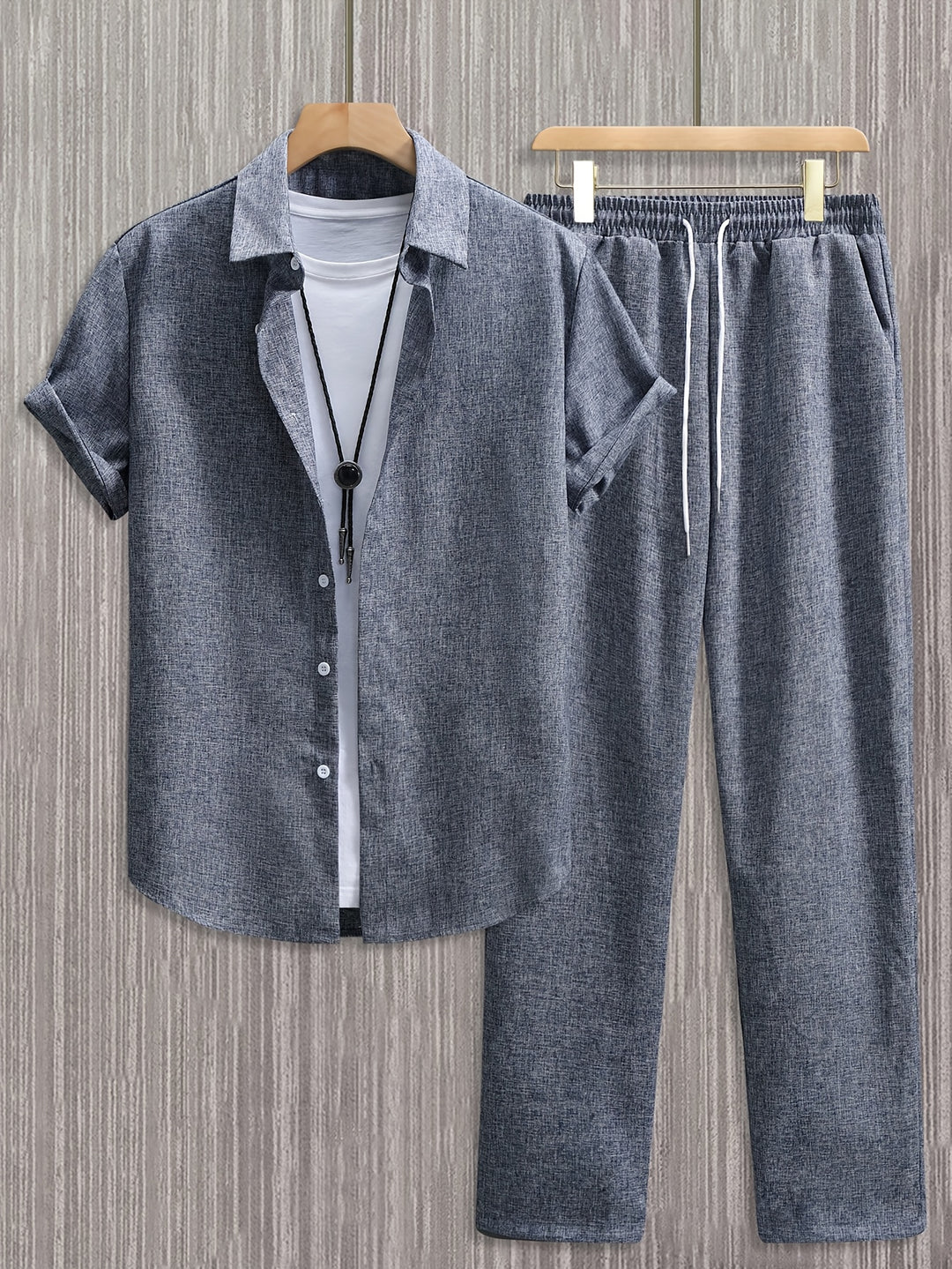 Men's Set | Solid Colour Shirt with Revers & Long Pants | Summer Casual Outfit