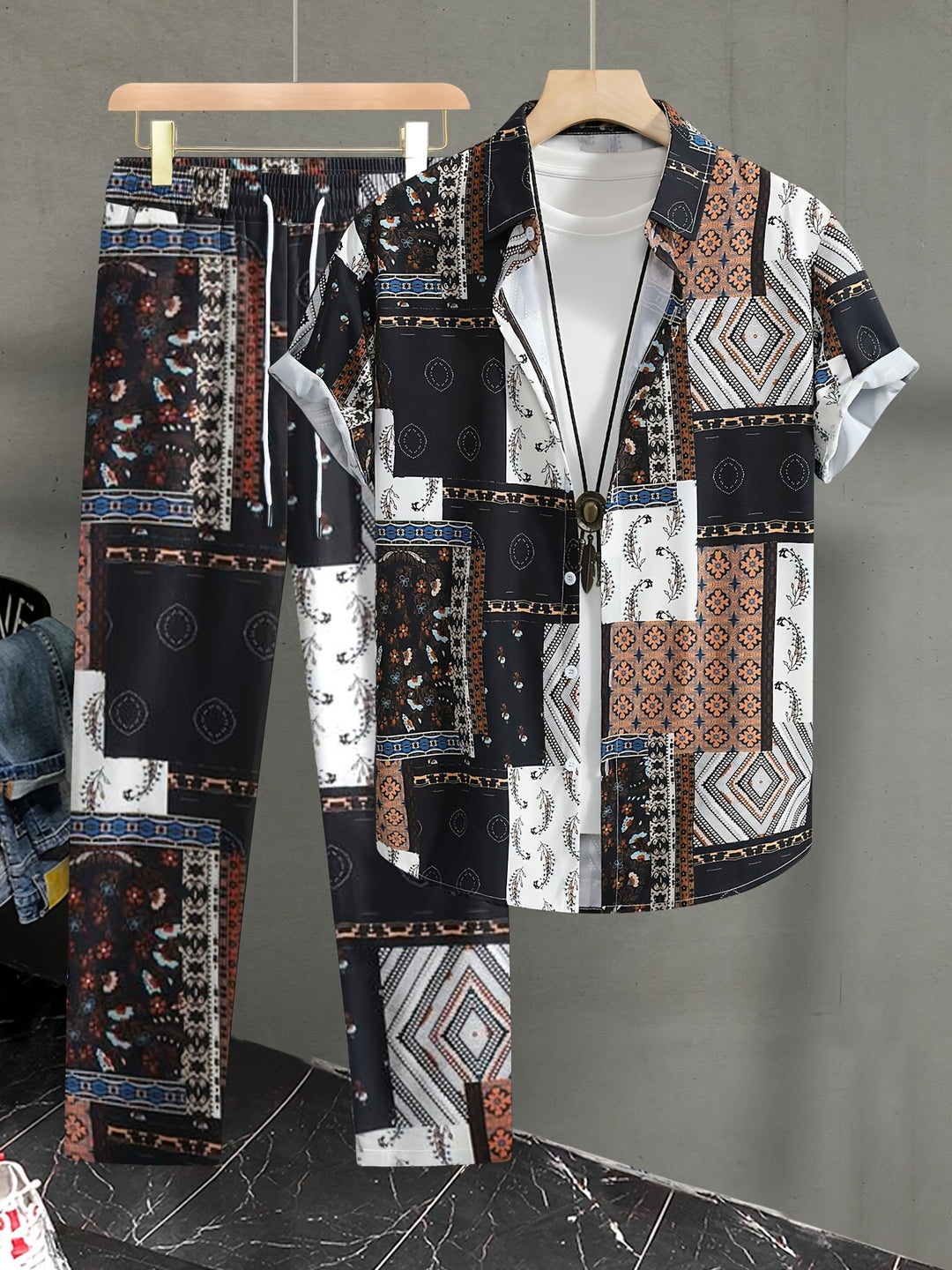 Men's Set | Geometric Pattern 2-Piece Set | Short-Sleeve Shirt & Pants for Summer