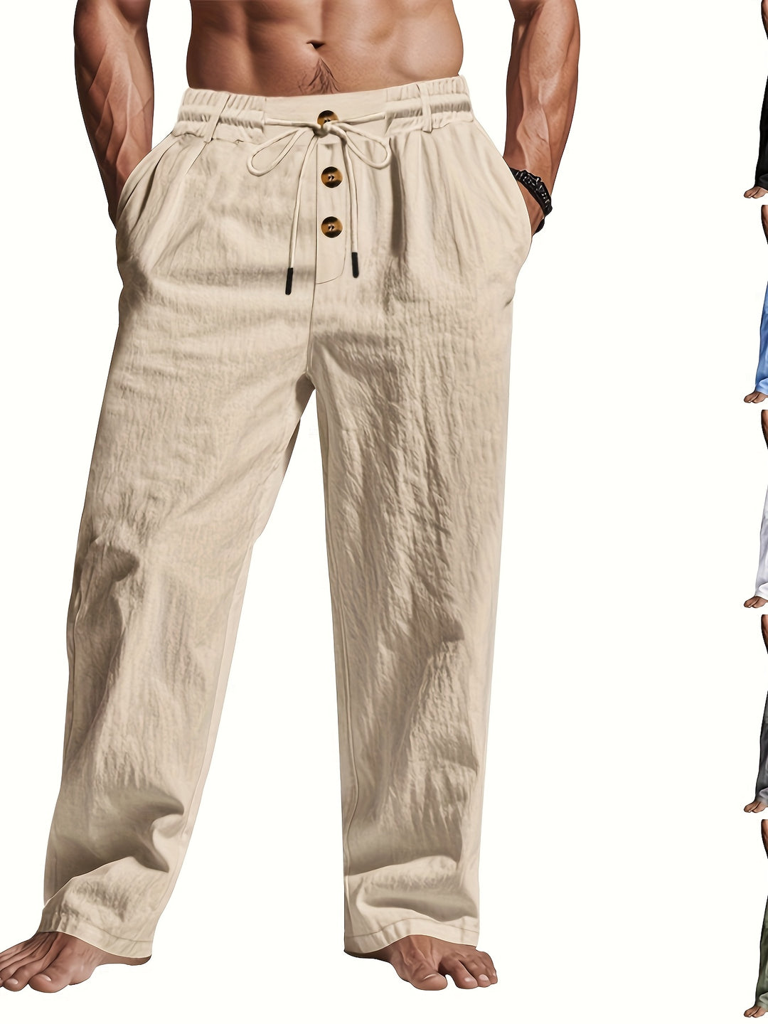 Men's Linen Trousers | Lightweight & Breathable | Drawstring & Multi-Button | Beach & Casual