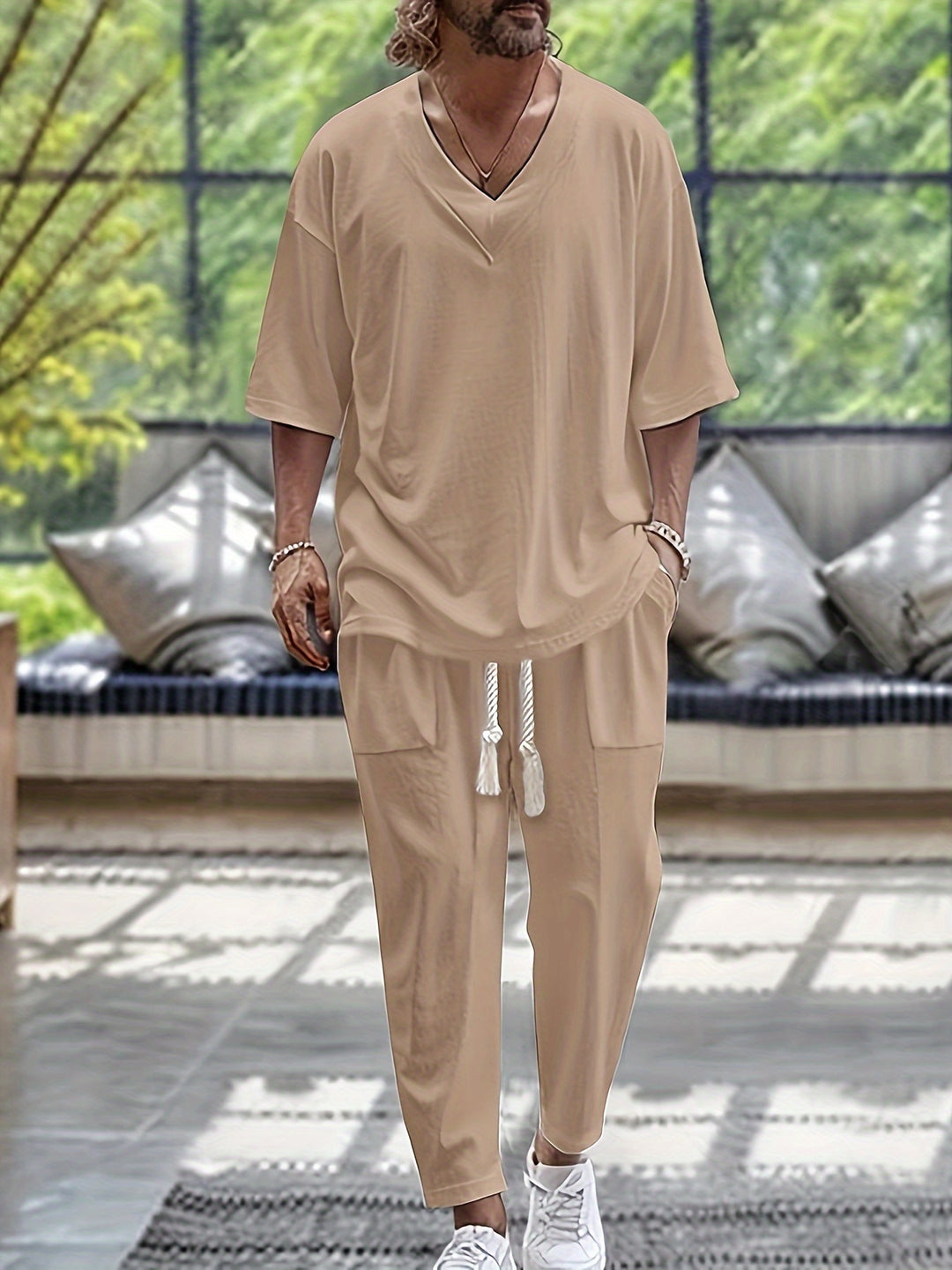 Men's Summer Set | Breathable & Stylish | Cotton V-Neck Top & Pants | 2-Piece