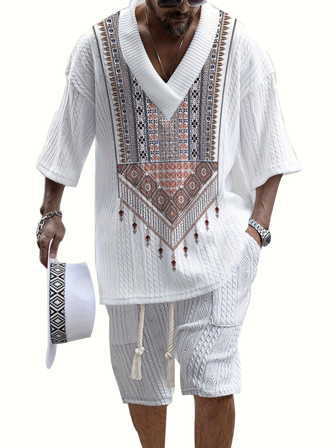 Men's set | 3D Print T-shirt with V-neck & Shorts | Casual Summer Set