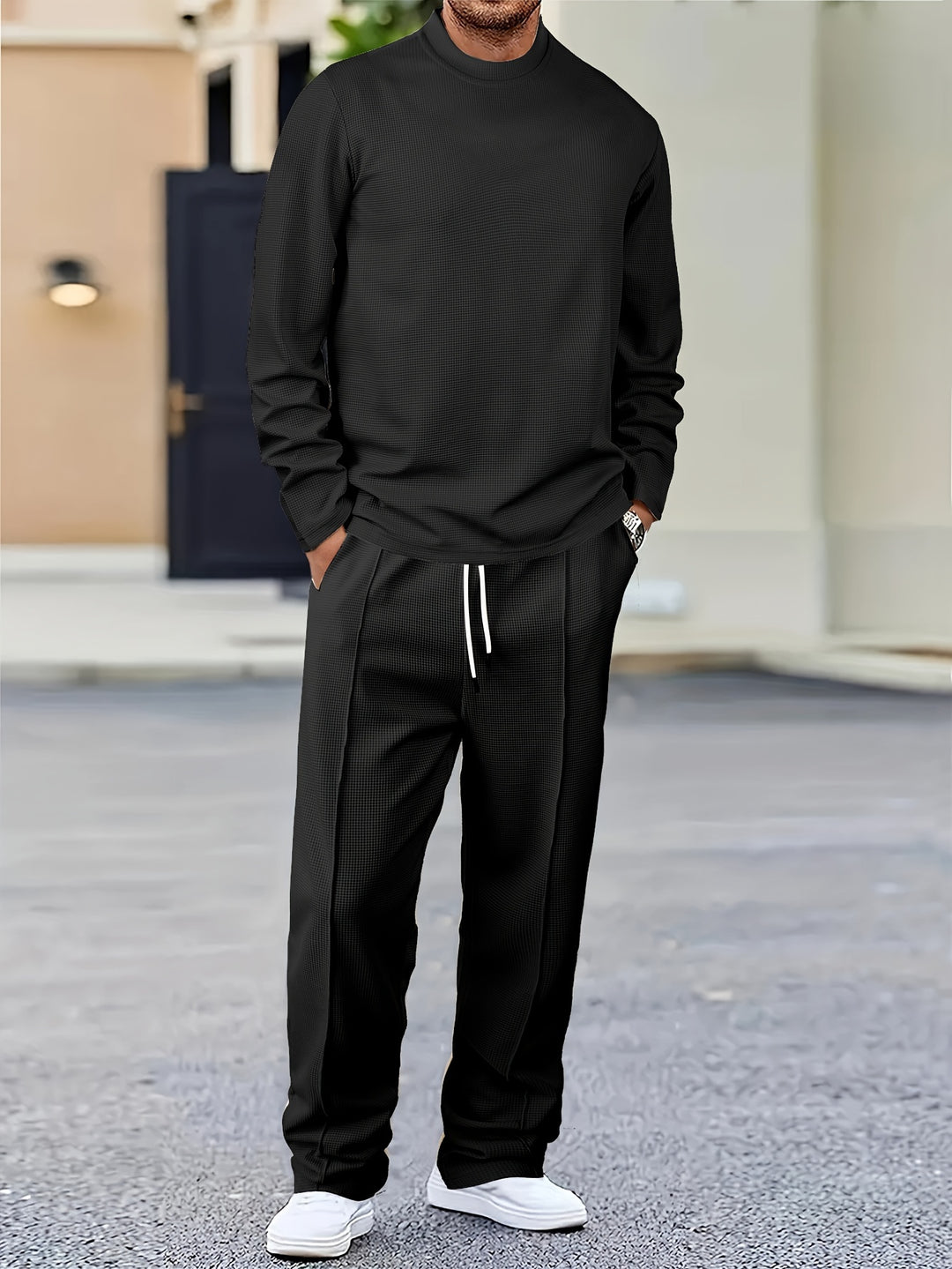 Men's Two-piece Set | Waffle Pattern Sweatshirt & Pants | Casual & Comfortable