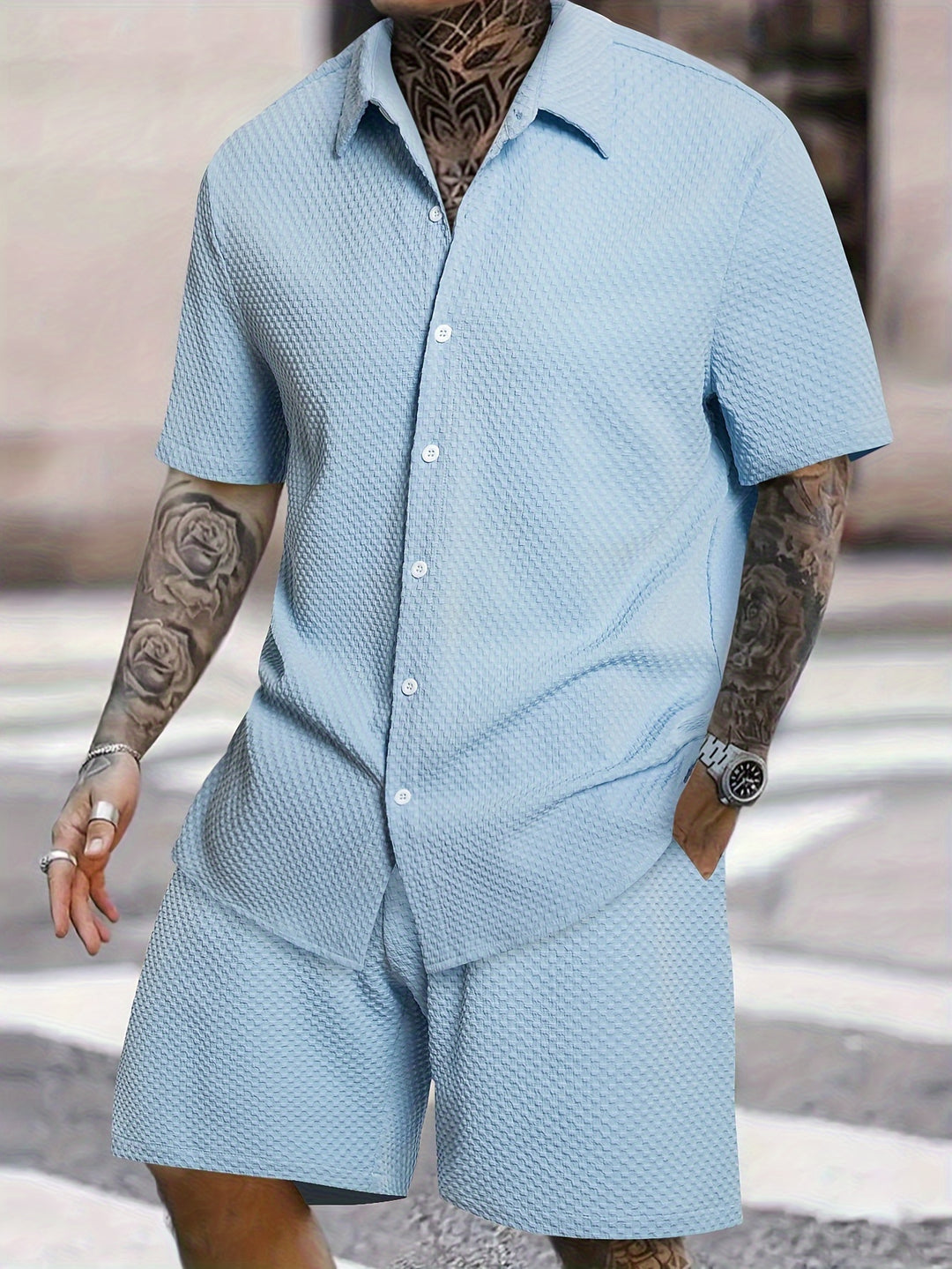Men's Summer Set | Reverse Shirt & Drawstring Shorts | Solid Colour | Casual
