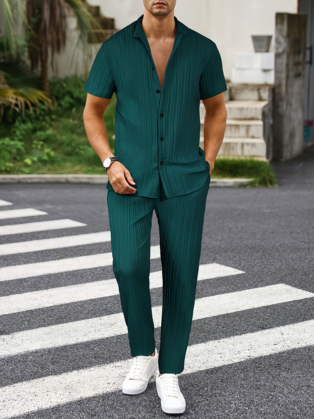 Men's Two-piece Set | Textured Golf Stripe | Short Sleeve & Long Pants | Trendy & Casual