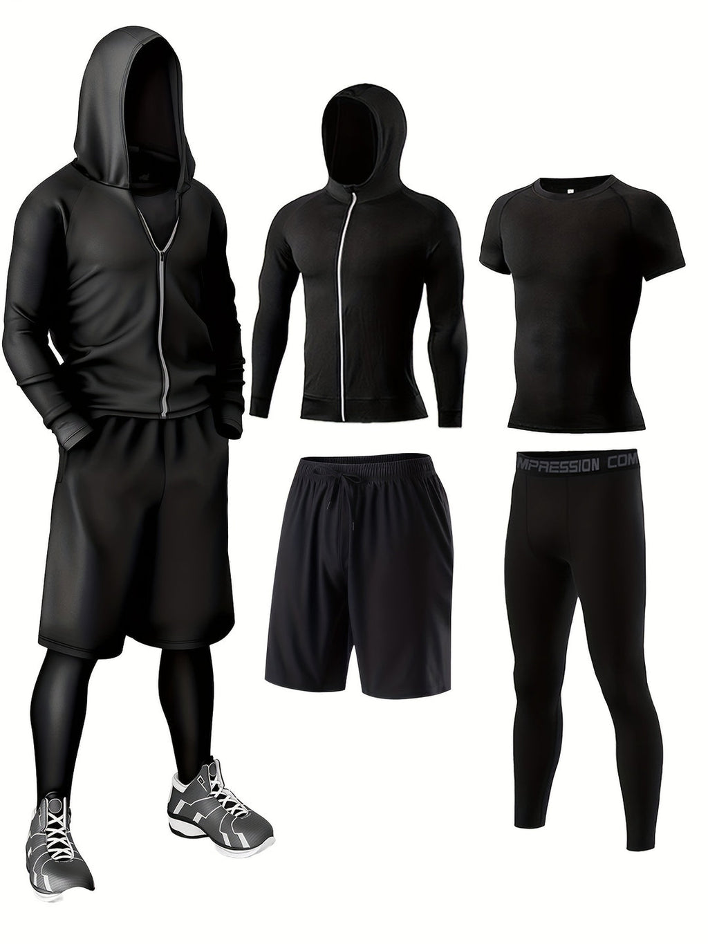 Men's Sportswear Set 4-Piece | Breathable & Quick-Drying | Skinny Fit | Solid Colour