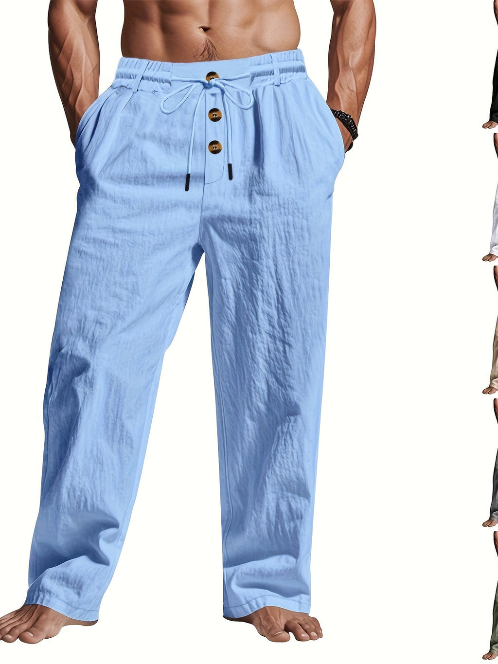 Men's Linen Trousers | Lightweight & Breathable | Drawstring & Multi-Button | Beach & Casual