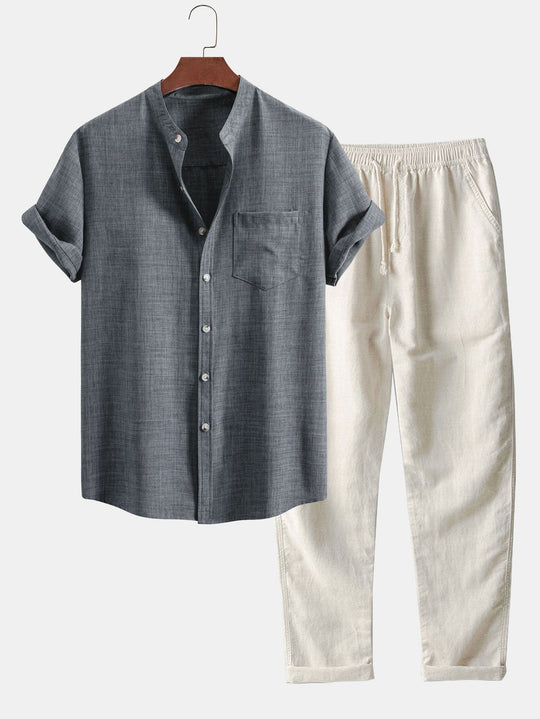 Men's Set | Short-Sleeve Shirt & Straight Trousers | Breathable & Casual | Lightweight