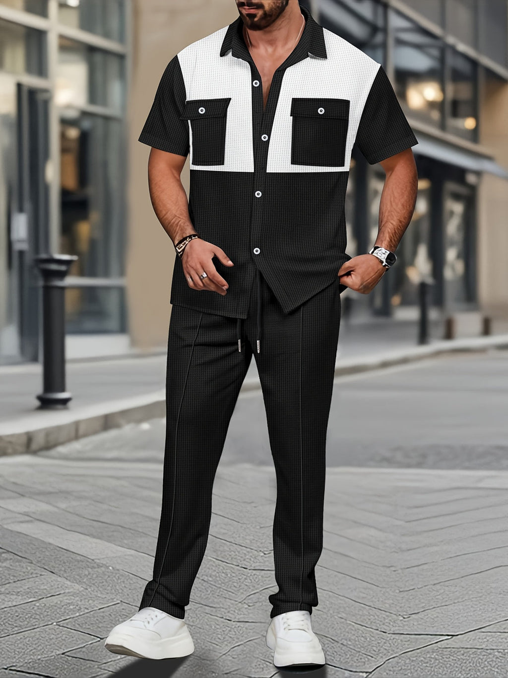 Summer Set | Two-piece Men's Set | Waffle Fabric | Casual Shirt & Pants Suit