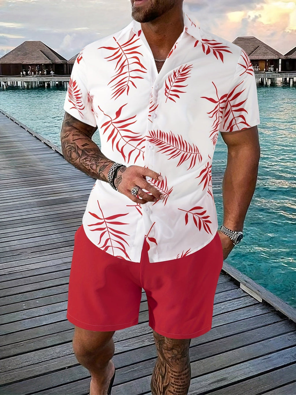 Men's Summer Set | Shirt with Leaf Print & Short | Unique Design | Two-piece