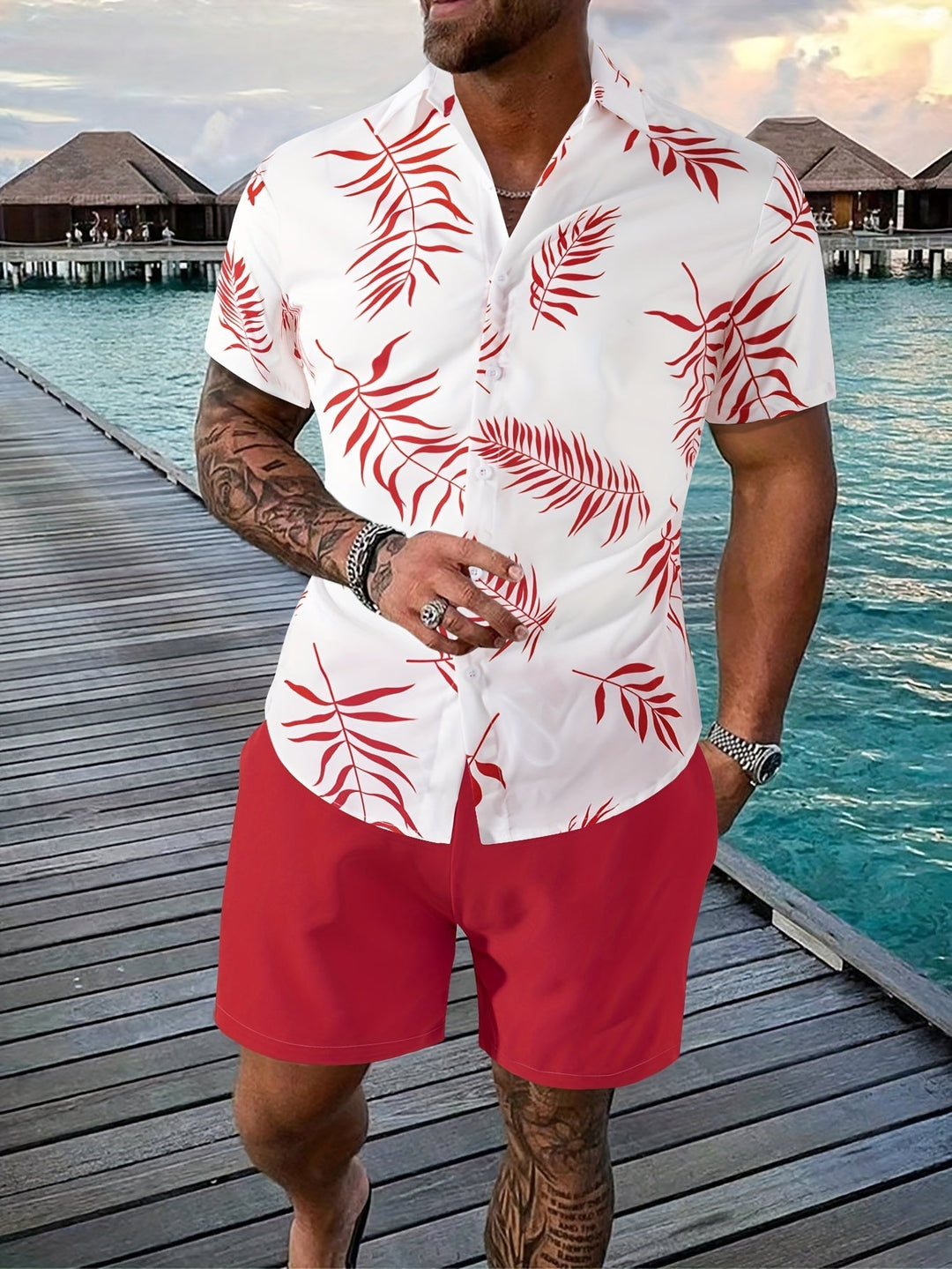 Men's Summer Set | Shirt with Leaf Print & Short | Unique Design | Two-piece