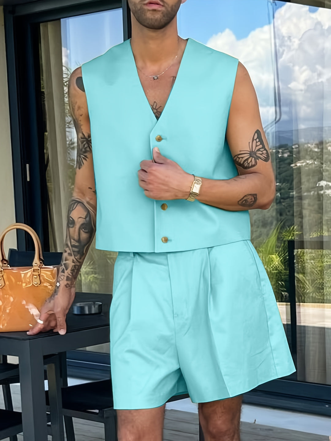 Men's Set | Sleeveless V-Neck Vest & Zip Shorts | Single-Row Design & Knotted Waist | Summer Style