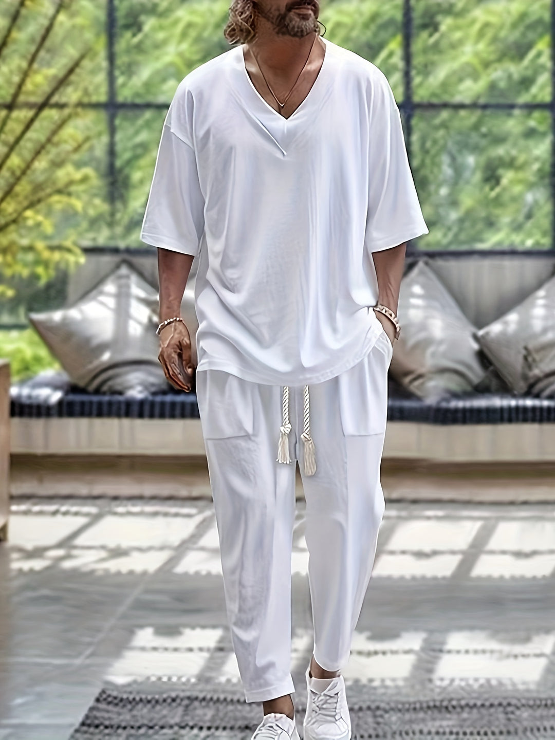 Men's Summer Set | Breathable & Stylish | Cotton V-Neck Top & Pants | 2-Piece