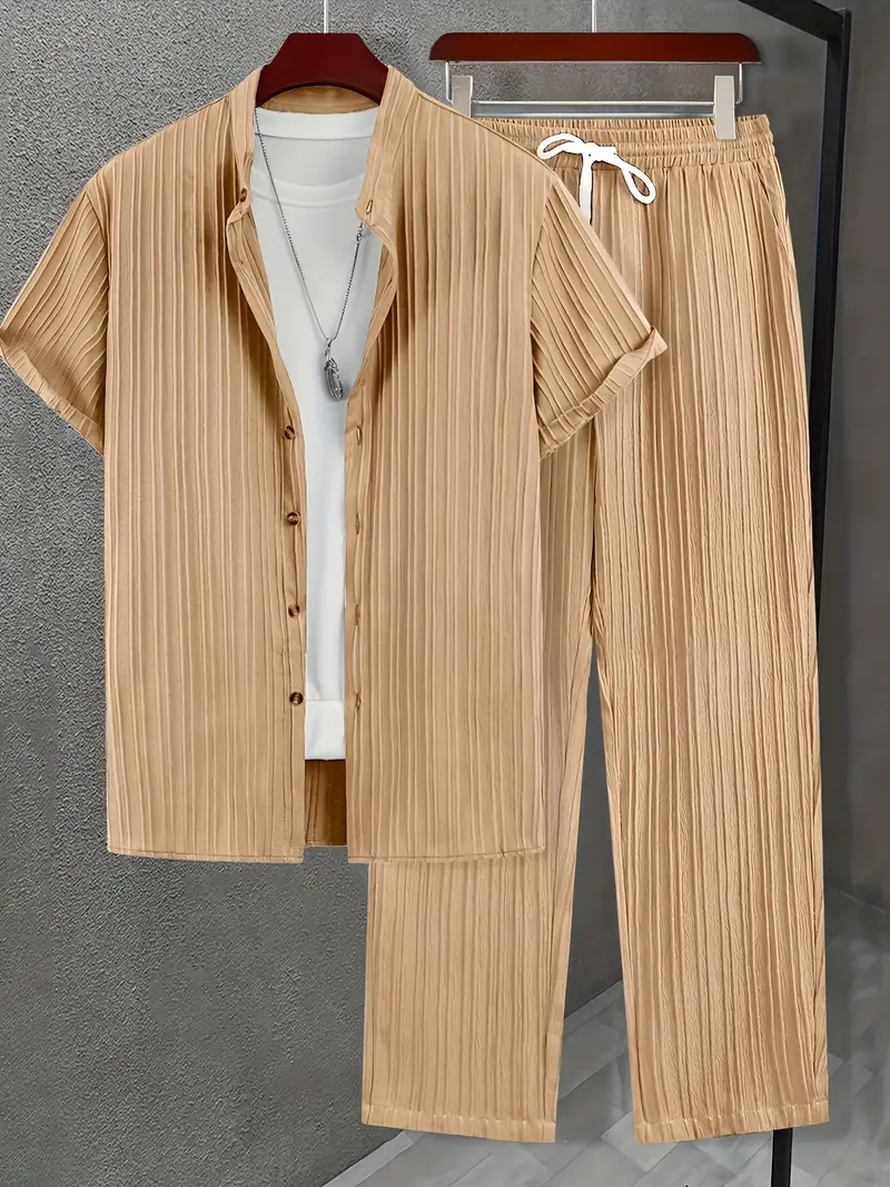 Men's Set | Modern & Stylish | Textured Wavy Stripes | Short Sleeves & Long Pants