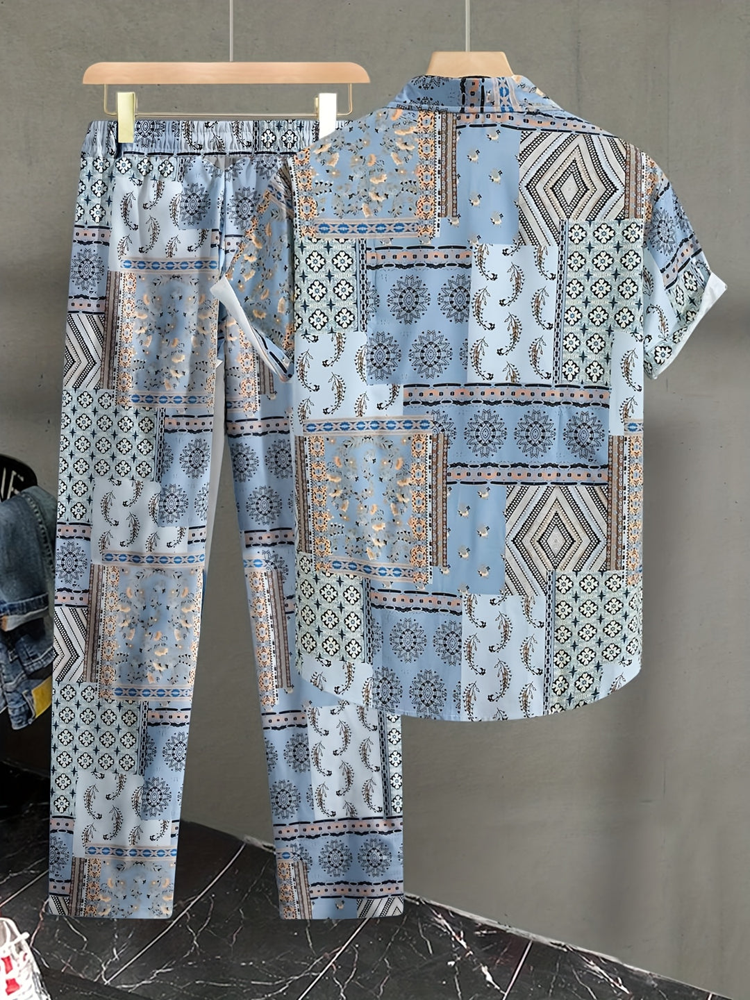 Men's Set | Geometric Pattern 2-Piece Set | Short-Sleeve Shirt & Pants for Summer