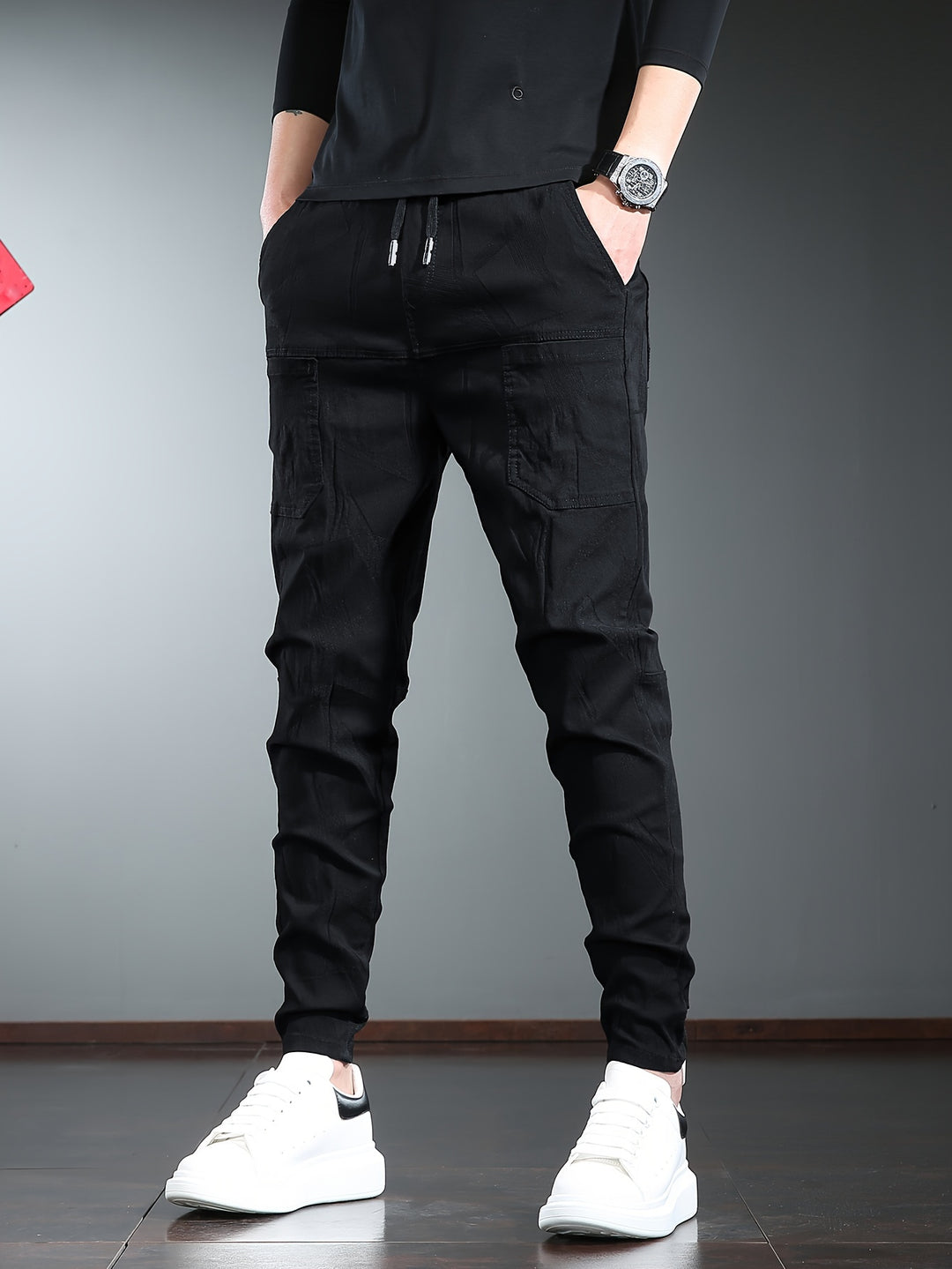 Cargo Trousers Men's | Slim Fit Outdoor Style | Multiple Pockets & Print | Woven Fabric