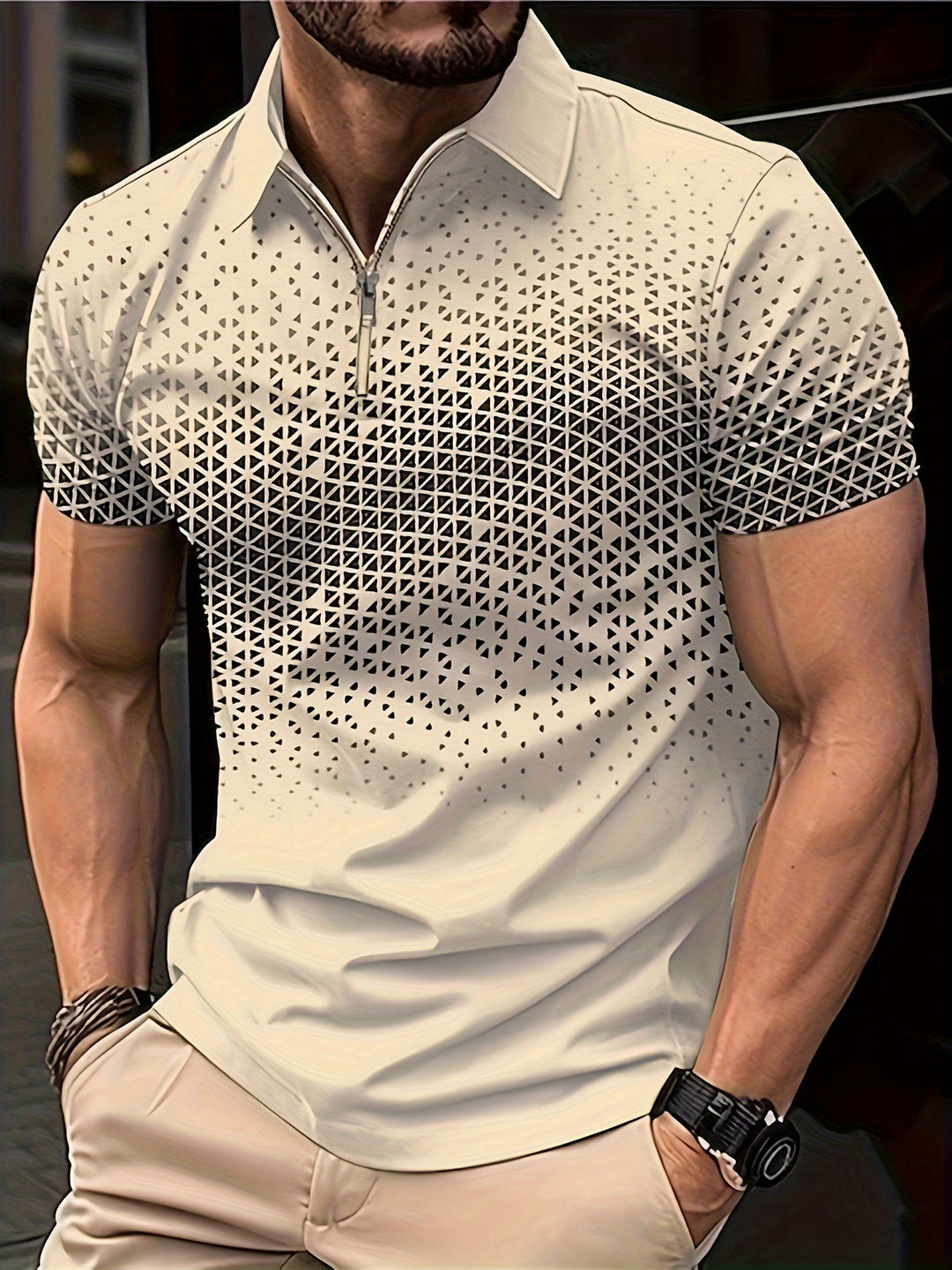 Men's Shirt | Geometric Pattern | Comfortable & Versatile | Zip Short Sleeve