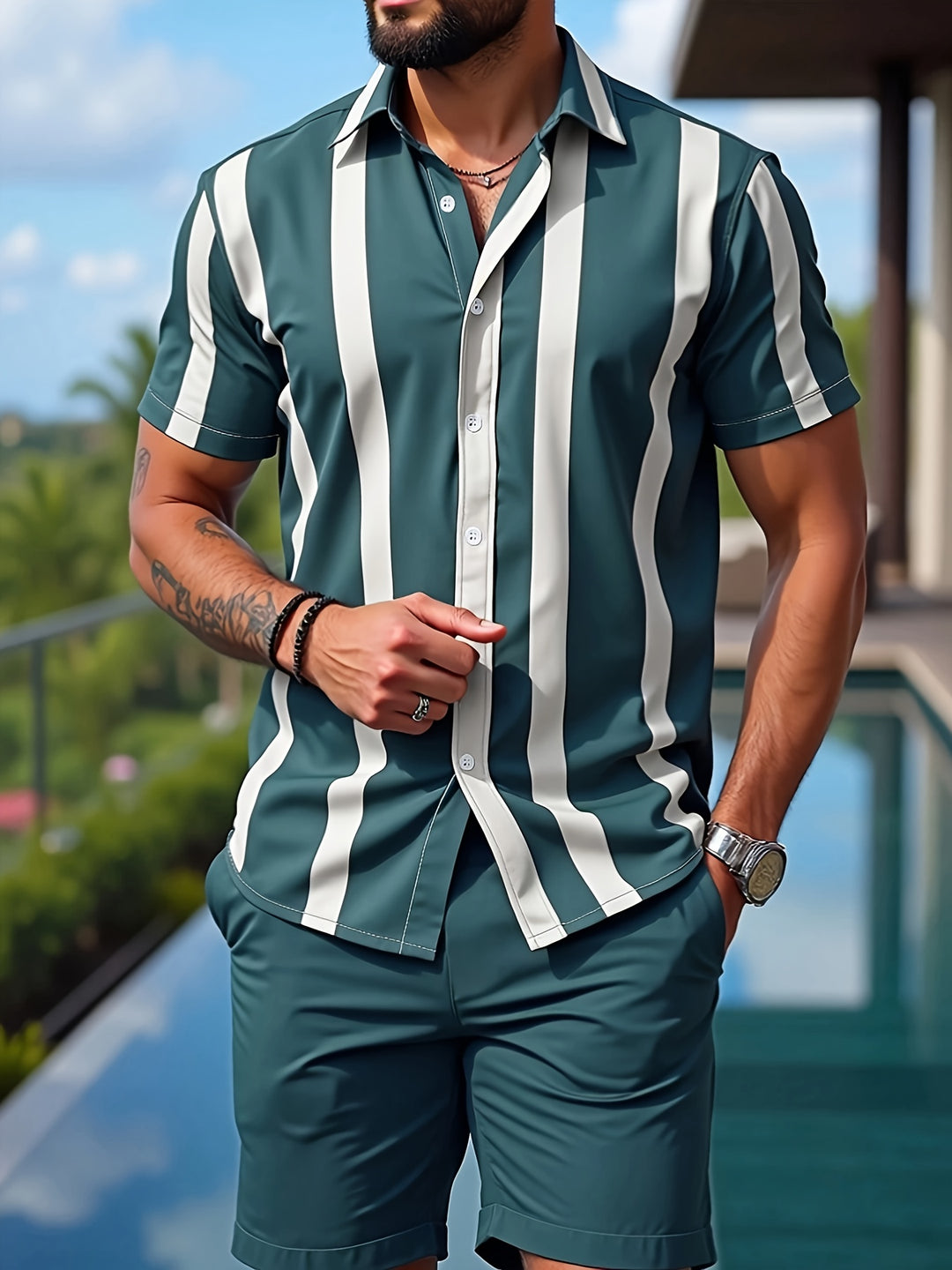 Men's Summer Set | Striped Print | Short-Sleeve Shirt & Short | 2-Piece Polyester