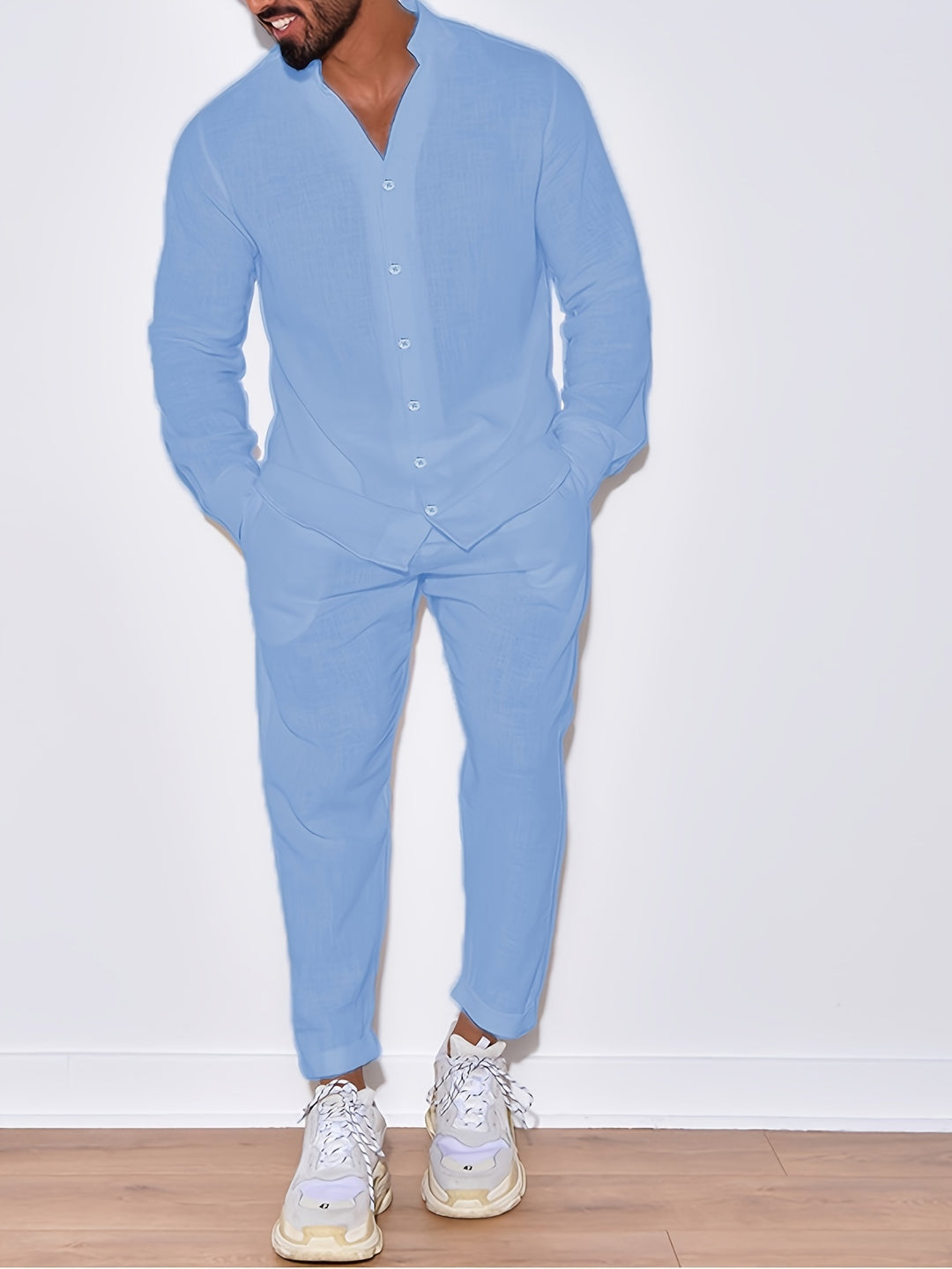 Men's Cotton-Linen Set | Long sleeves & Unique collar design | Breathable & Lightweight
