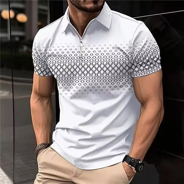 Men's Shirt | Geometric Pattern | Comfortable & Versatile | Zip Short Sleeve