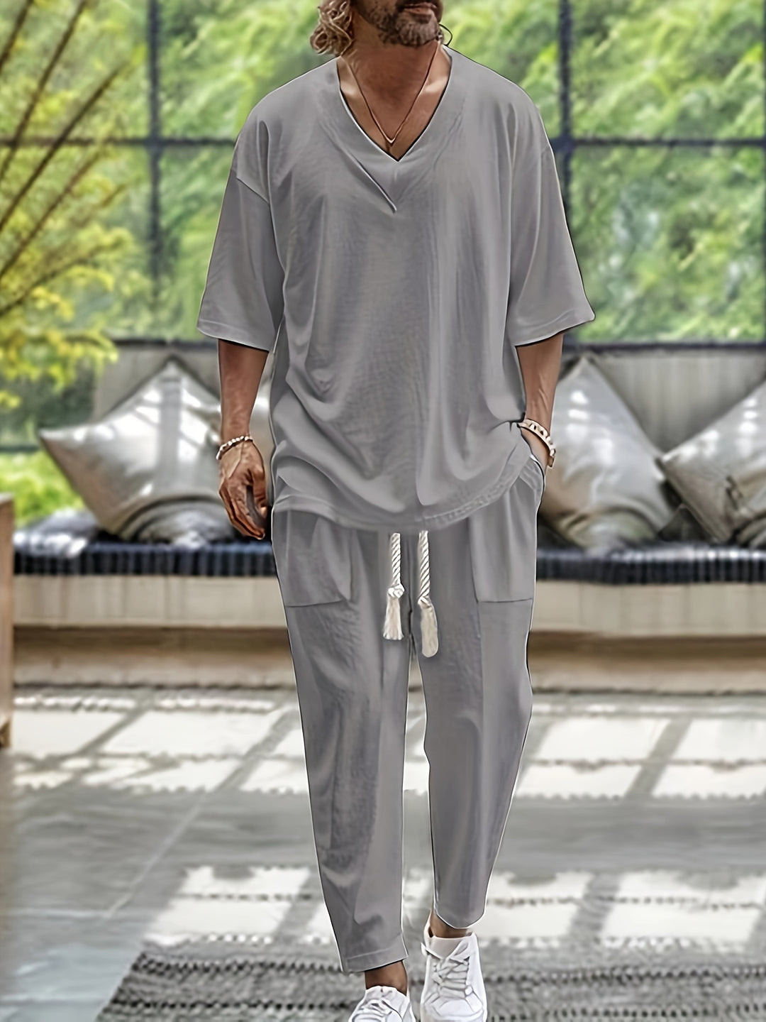 Men's Summer Set | Breathable & Stylish | Cotton V-Neck Top & Pants | 2-Piece