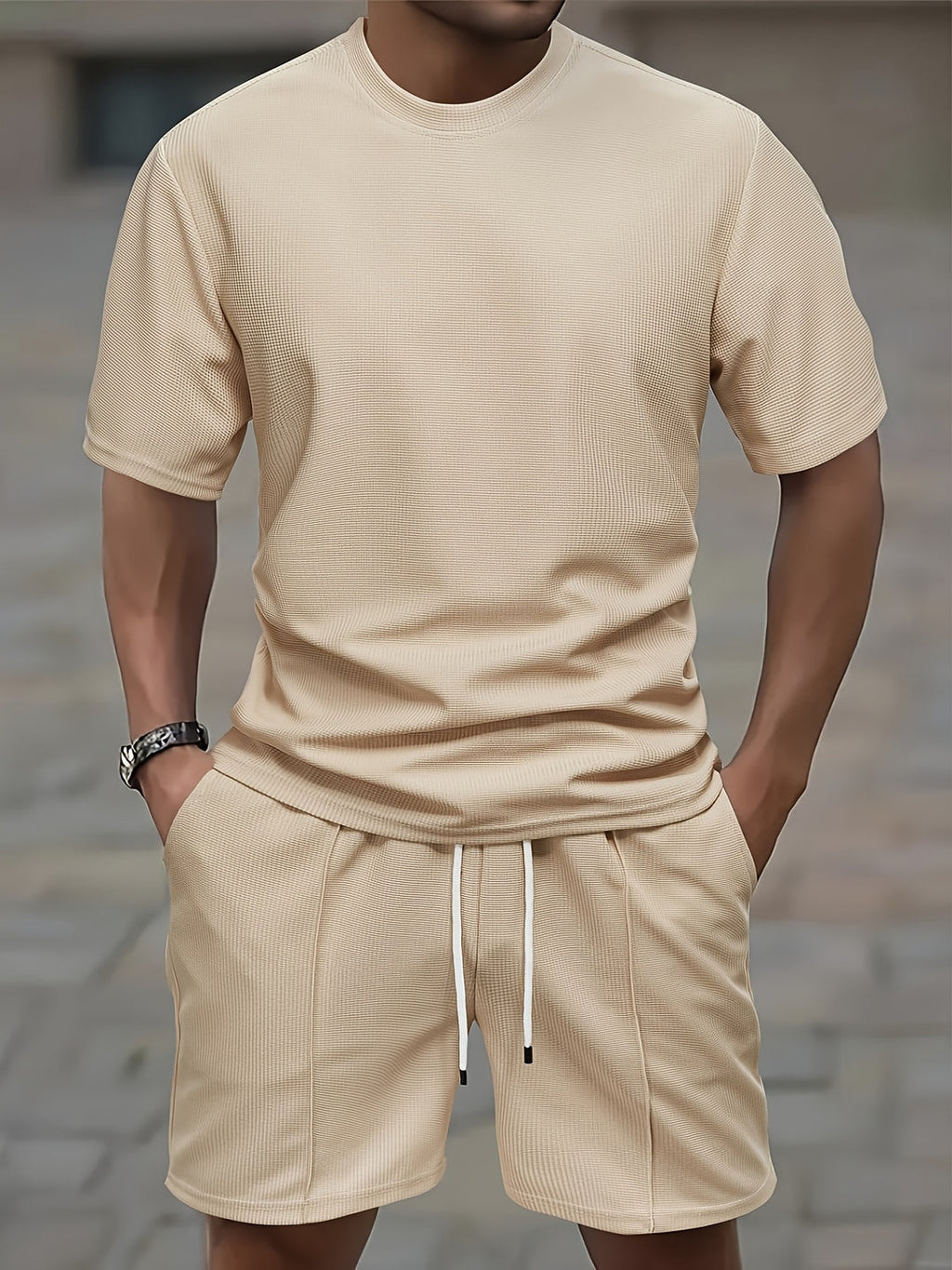 Men's Sports Set | Waffle Knit T-shirt & Drawstring Shorts | Comfortable & Trendy