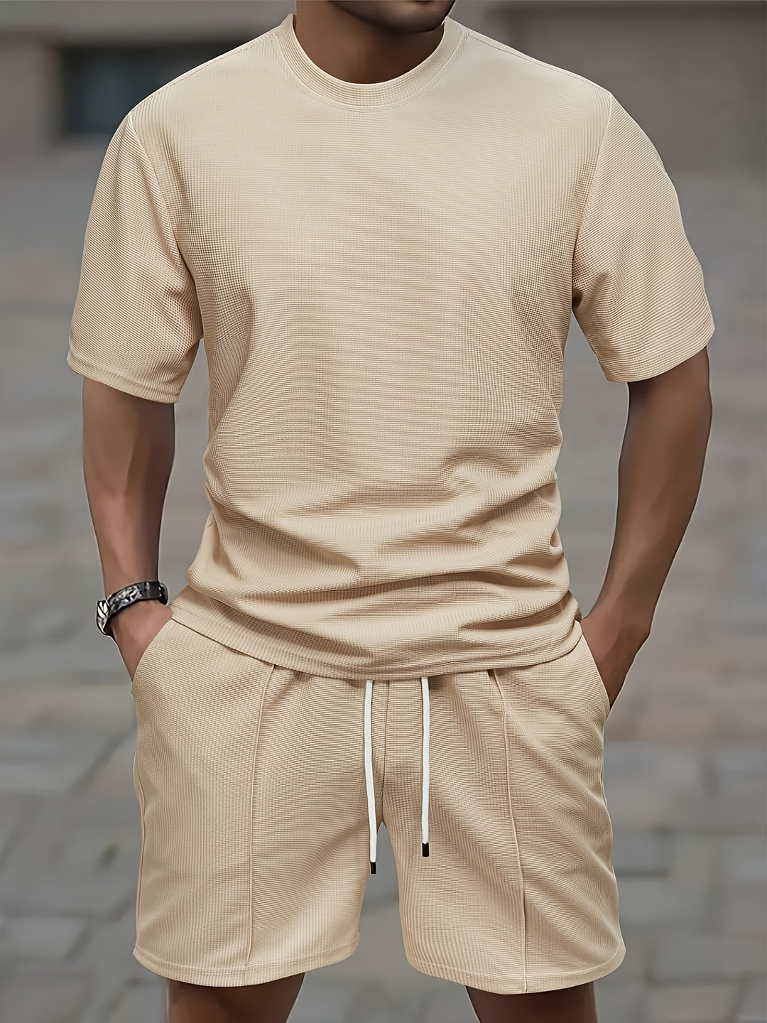 Men's Sports Set | Waffle Knit T-shirt & Drawstring Shorts | Comfortable & Trendy