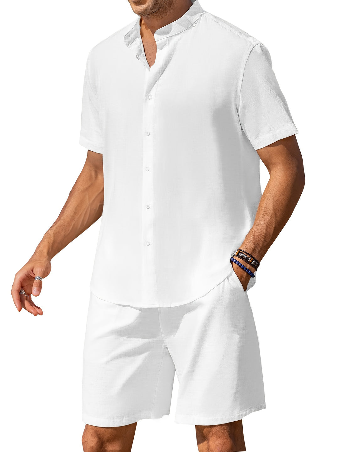 Men's Linen Summer Set | Stand-up Collar Shirt & Shorts | Airy & Stylish