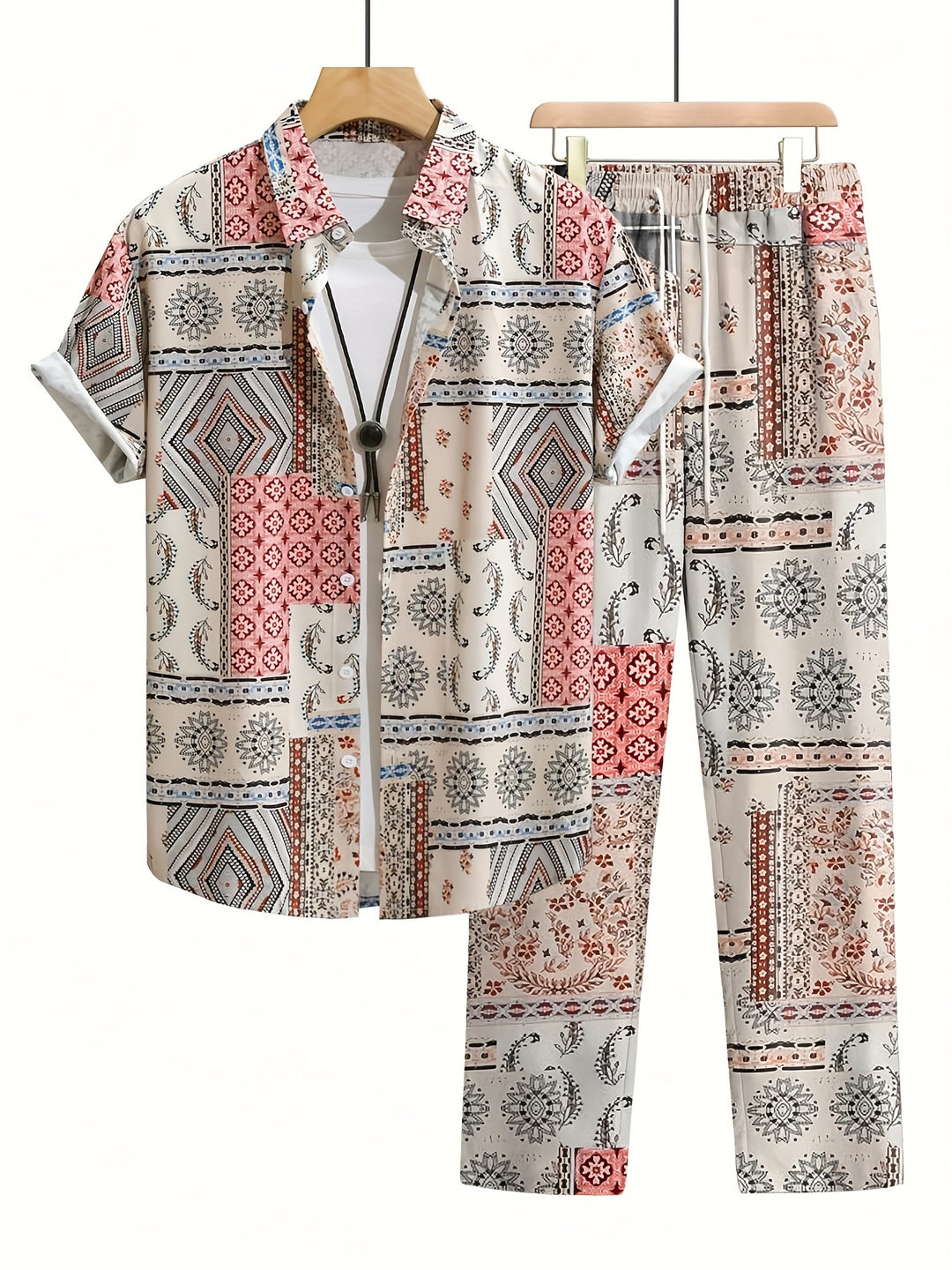 Men's Set | Geometric Pattern 2-Piece Set | Short-Sleeve Shirt & Pants for Summer