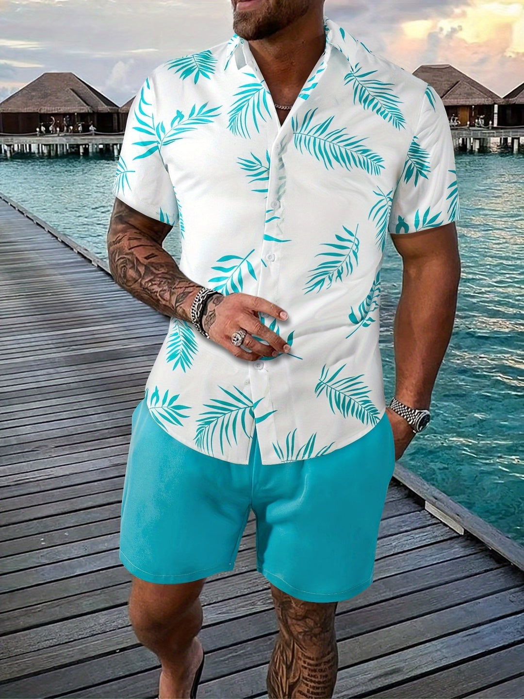 Men's Summer Set | Shirt with Leaf Print & Short | Unique Design | Two-piece
