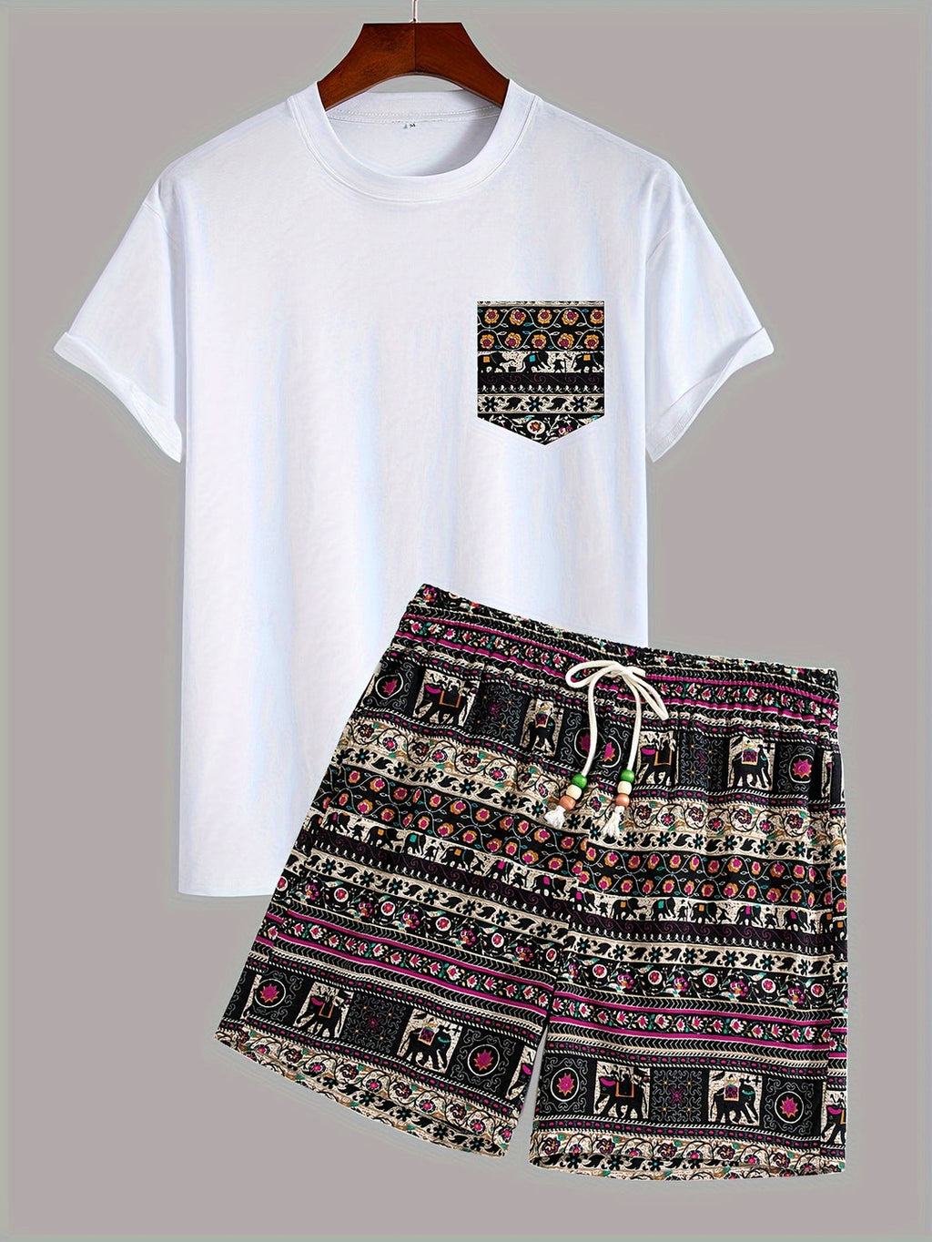 Men's Boho Set | Lively & Stylish | Tribal Print T-Shirt & Shorts | Cotton