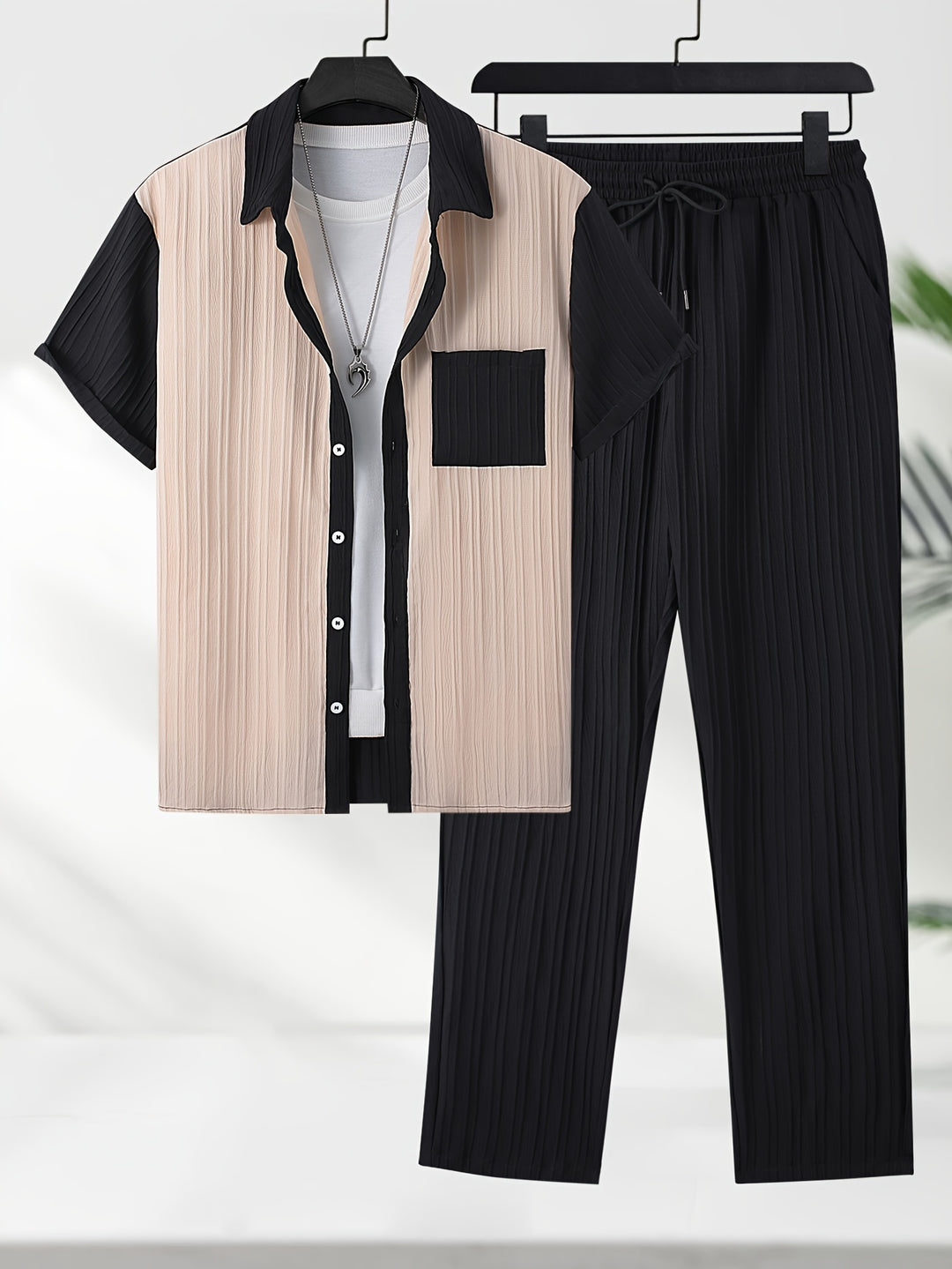 Men's Set | Striped Shirt & Shorts | Golf Pattern & Airy Fabric | Spring/Summer