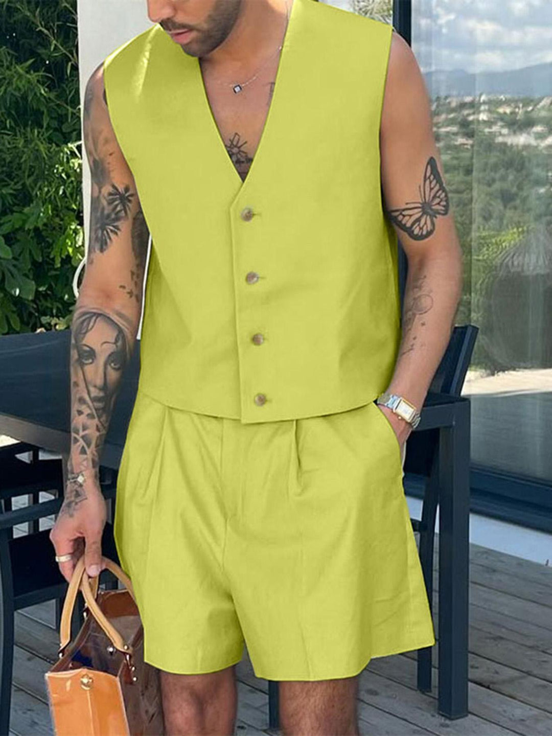 Men's Set | Sleeveless V-Neck Vest & Zip Shorts | Single-Row Design & Knotted Waist | Summer Style