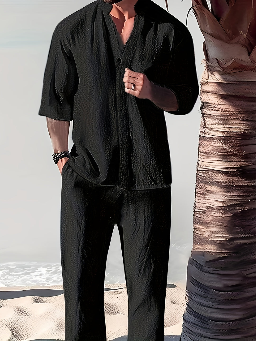 Men's Set | Stand-up Collar & Matching Trousers | Relaxed Fit | Summer Casual
