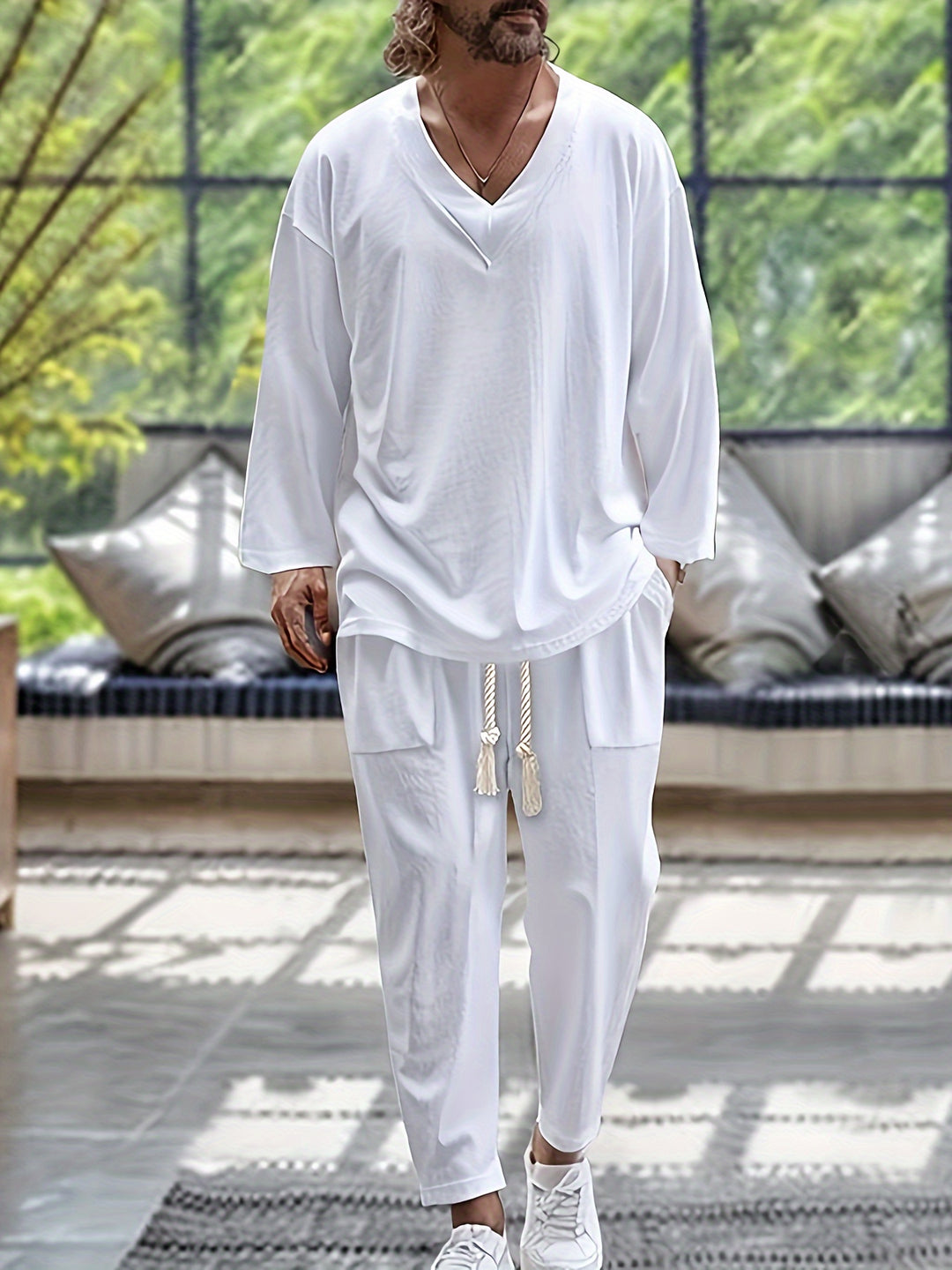 Men's Two-piece Set | V-Neck & Loose Fit | Breathable Cotton | Spring & Autumn