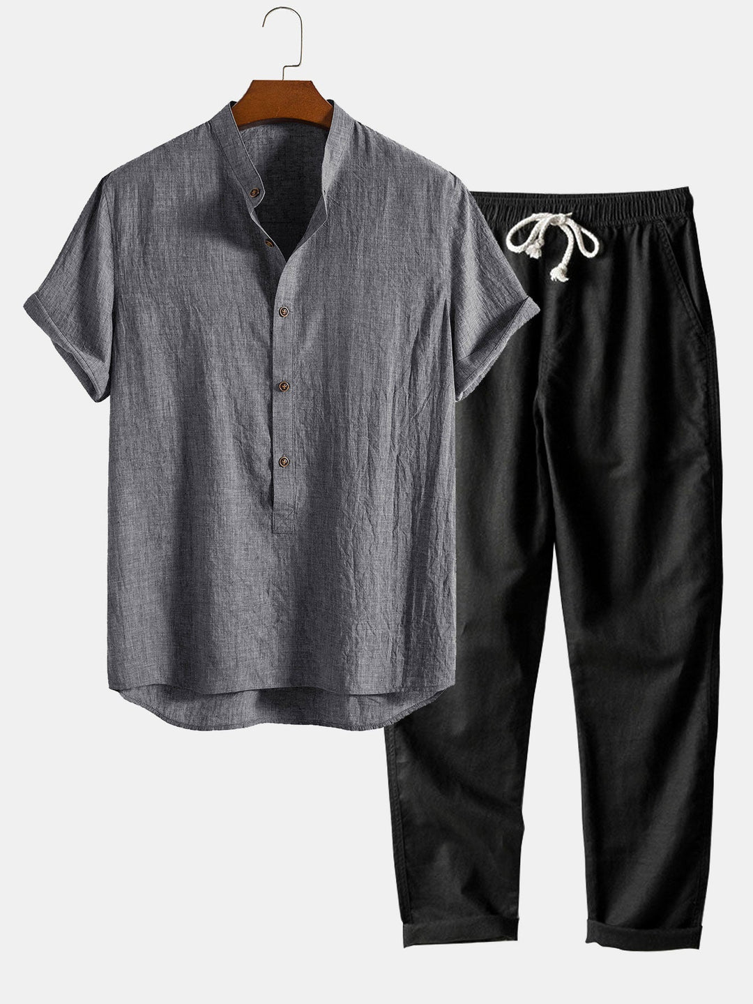 Men's Set | Short-sleeve Shirt & Trousers | Breathable & Casual | Linen Blend & Cotton