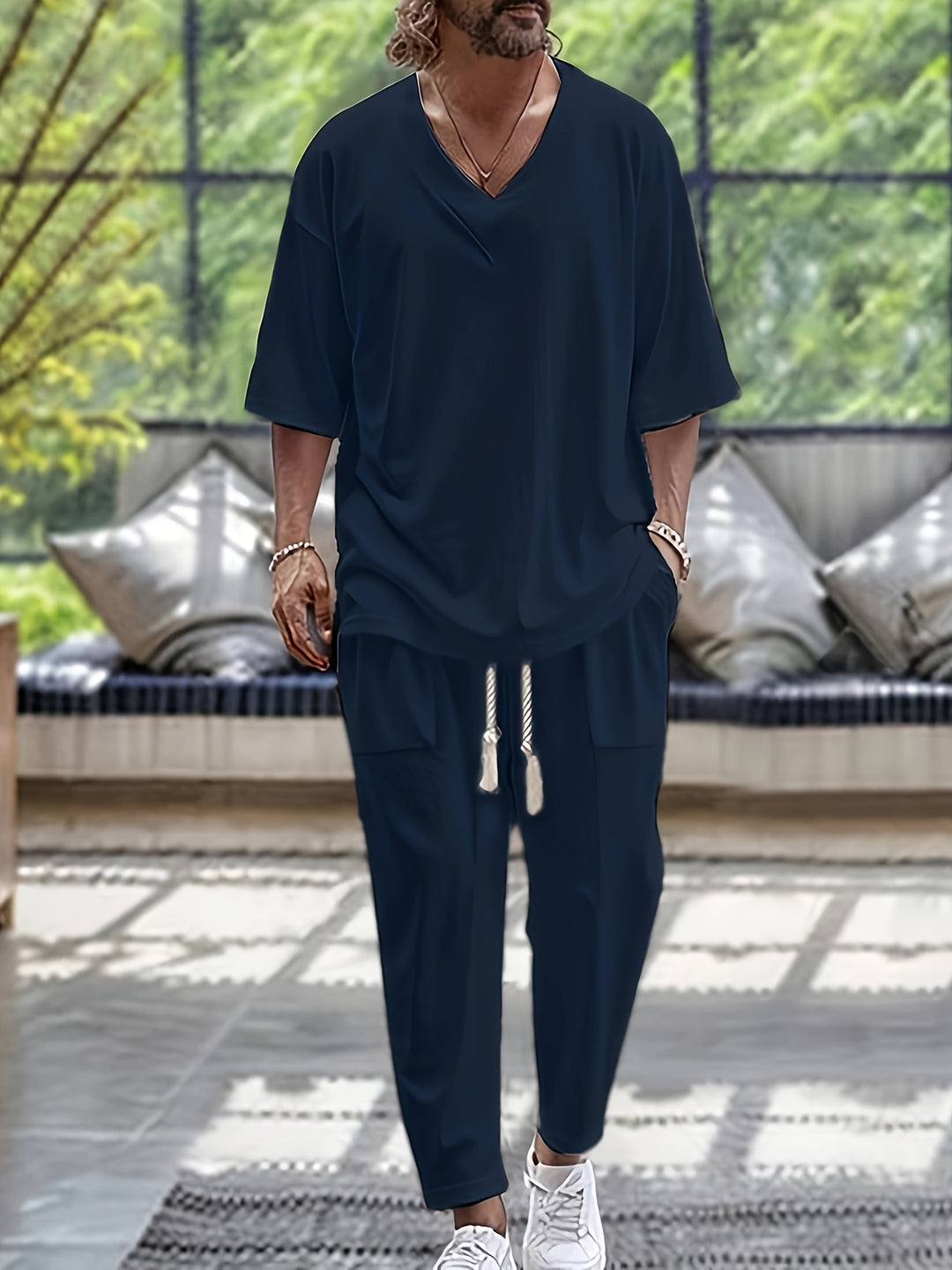 Men's Summer Set | Breathable & Stylish | Cotton V-Neck Top & Pants | 2-Piece